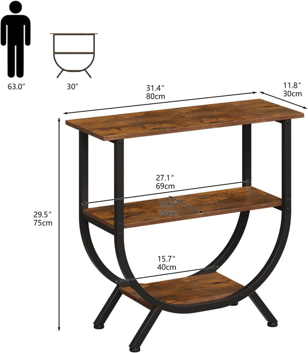 3 Tier Console Table with Storage 30" Height Entryway Table with Open Shelves Industrial Sofa Table behind Couch for Living Room Hallway Entrance (Rustic Brown)