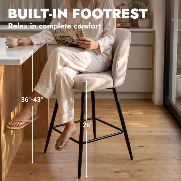 Counter Height Bar Stools Set of 2, 360° Swivel Upholstered Barstools with Backs and Metal Legs, 26" H Seat Height, Linen Fabric in Redish Sand