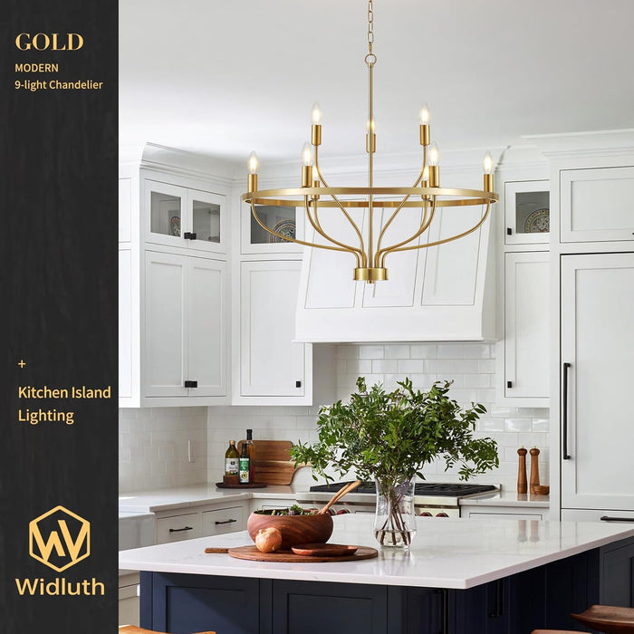 30Inch Crystal GoldTone Chandelier Nine Light Fixture