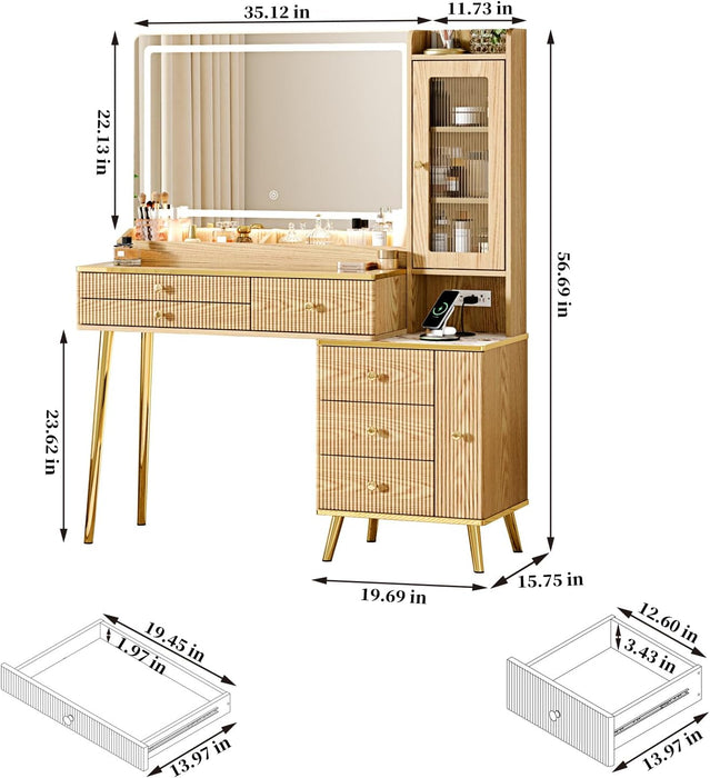 Vanity Desk with 35.12" HD Lighted Mirror, 46.85" Big Modern Vanity Desk with Mirror and Lights, Makeup Vanity with 7 Drawers and Storage Shelves and Charging Station, Oak