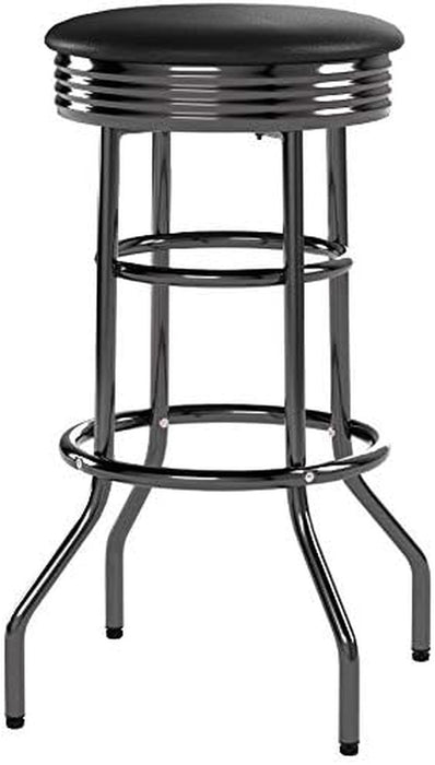 Heavy Duty 30-Inch Backless Swivel Bar Stool for Kitchen, Garage, or Workshop, Chrome Finish with Faux Leather Seat, 2 Pack, Black