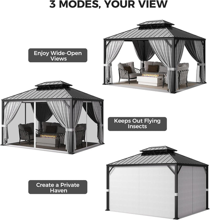 16'X12' Hardtop Gazebo, Update Aluminum Frame Gazebo with Galvanized Steel Double Roof, Outdoor Pergola with Curtain and Net, Backyard Canopy for Garden, Deck, Gray and Black