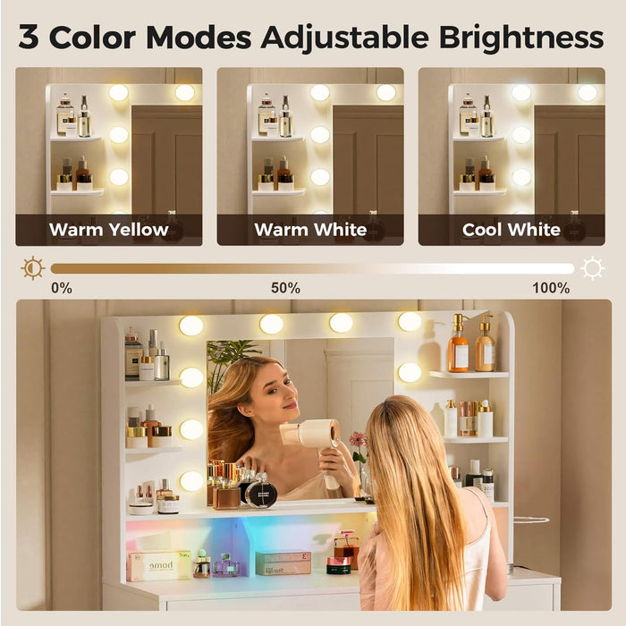 Vanity Desk with Lighted Mirror and Power Outlet, RGB LED Lights Makeup Vanity Set for Girls, Large Storage Capacity Dressing Table for Bedroom, 3 Lighting Modes Adjustable Brightness, White