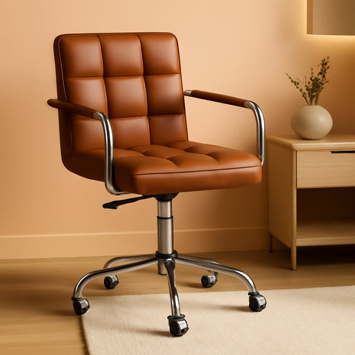 Mid-Back Office Task Chair Ribbed PU Leather Executive Chair Modern Adjustable Home Desk Chair Retro Comfortable Work Chair 360 Degree Swivel with Arms (Brown)