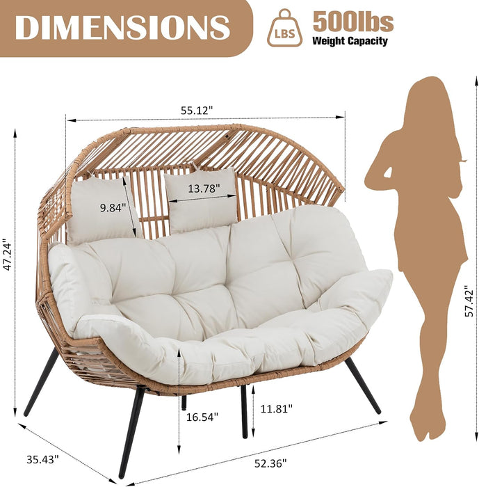 Wicker Double Egg Chair PE Rattan with Thicken Padded Cushion, 2 Person Oversized Patio Lounge Loveseat Chair for Outdoor, Indoor, Balcony, Backyard, Garden, Beige