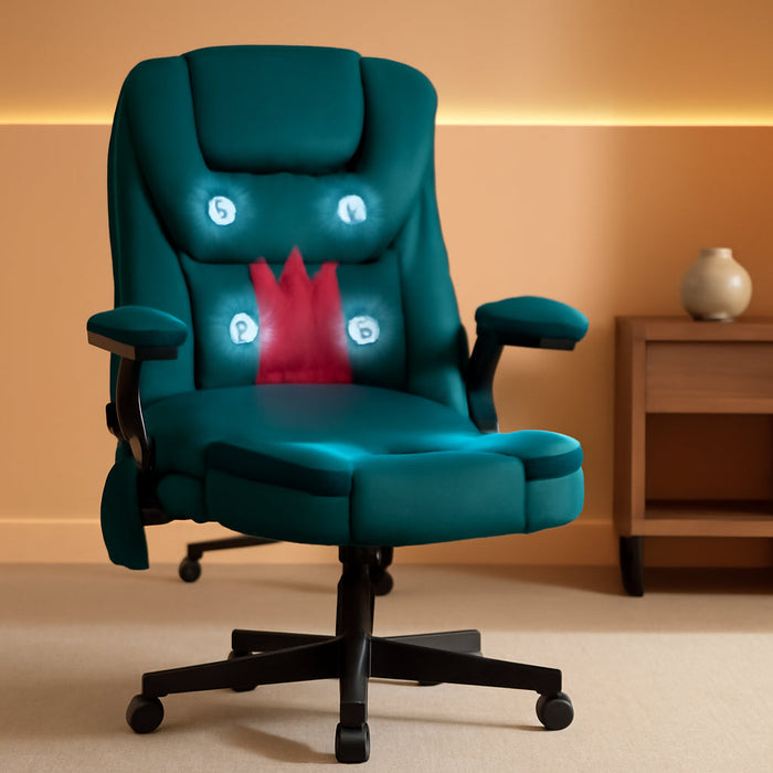 6 Point Vibrating Massage Office Chair with Heat, Velvet High Back Executive Office Chair with Reclining Backrest, Padded Armrests and Remote, Dark Green
