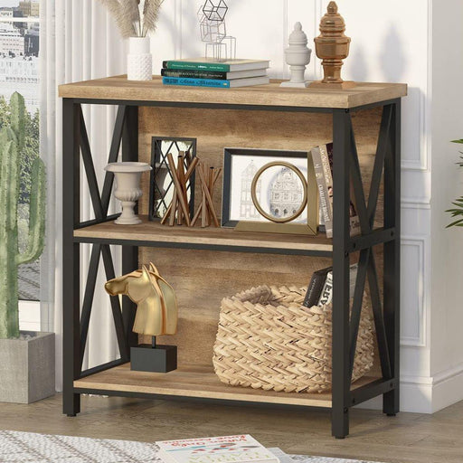 Small Bookcase, Wood and Metal Low Short Bookshelf, Industrial Book Case and Rustic Book Shelf for Small Space (Rustic Oak)