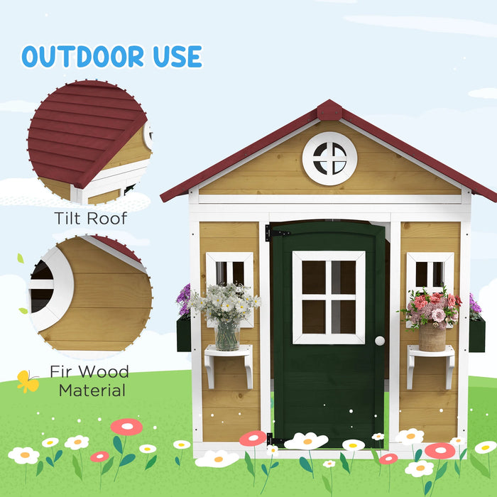 Playhouse for Kids Outdoor, Wooden Playhouse with Doors, Windows, Planter Pots and Boxes for Toddlers 3-8 Years, Backyard, Indoor, Beige