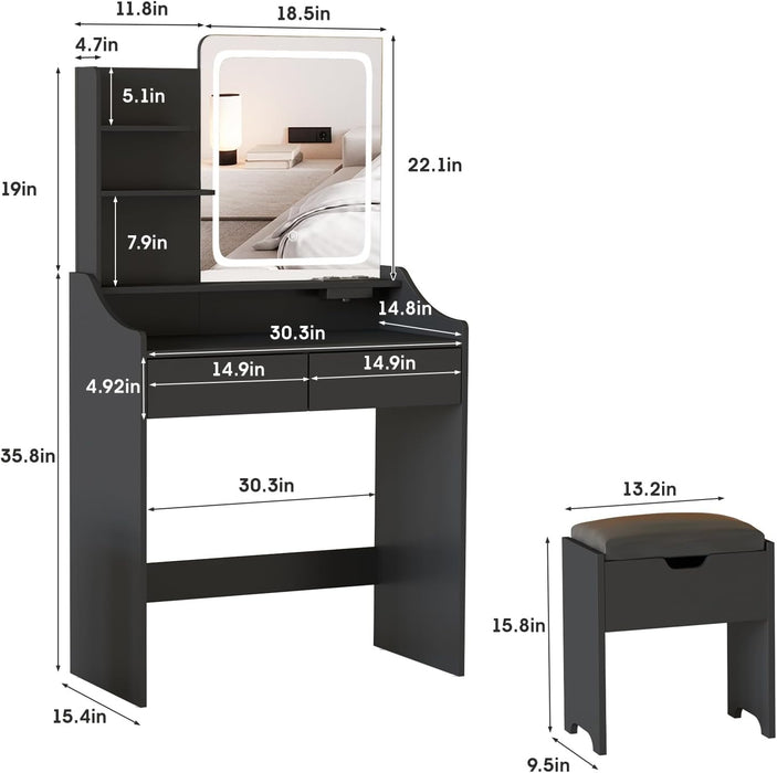 Vanity Desk with LED Light Mirror and Charging Station, Small Cute Vanity Set with 4 Storage Shelves 2 Drawers, Vanity for Girls Women with Storage Stool, Vanity Table for Bedroom (Black)