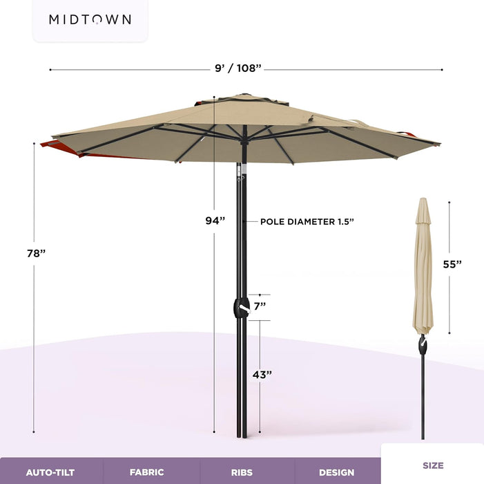 - 10-Year-No-Fade 9 Ft Patio Umbrella with Terylast Fabric, Auto-Tilt Aluminum Frame and 8 Reinforced Ribs for Deck, Pool, Garden & Beach - Chestnut Beige Canopy, Black Pole