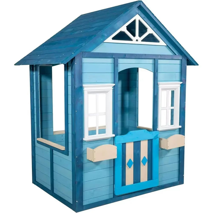 Wooden Outdoor Backyard Playhouse with Flower Boxes and White Trimmed Windows, Pre-Cut Panels for Easy Assembly, Playhouse