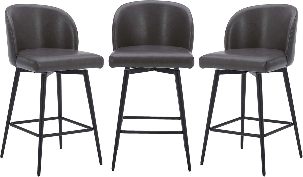 Counter Height Bar Stools Set of 3, 360° Swivel Upholstered Barstools with Backs and Metal Legs, 26" H Seat Height, Faux Leather in Grey