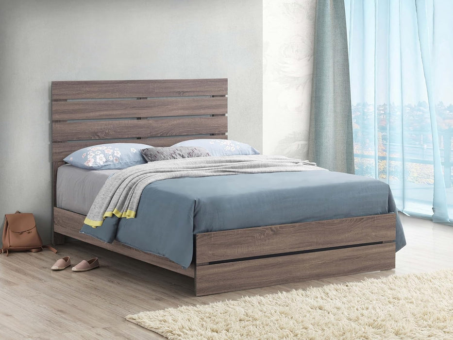 Home Furnishings - Brantford - Wood Panel Bed with Slatted Headboard, Low-Profile Frame and Scratch-Resistant Laminate - Bedroom - Queen Size - Barrel Oak - 207041Q