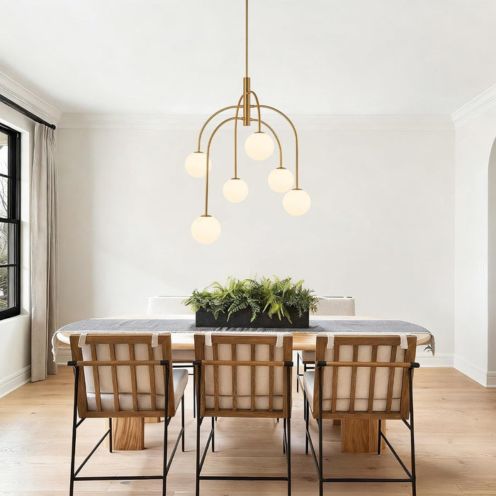 6 Lights Mid Century Modern Chandelier, Milk Glass Globe Chandelier Light Fixture with Gold Metal & White Ball, Large Pendant Lighting Ceiling Hanging for Dining Room Kitchen Island Entryway