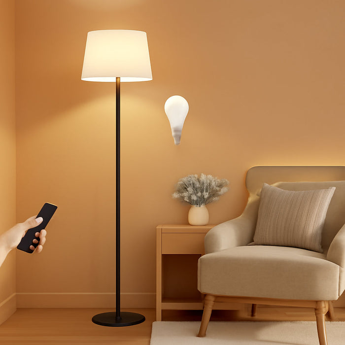 Modern Floor Lamp with Adjustable Brightness, Remote Control, Black, LED Bulbs, White Shade, Foot Switch, Easy Assembly