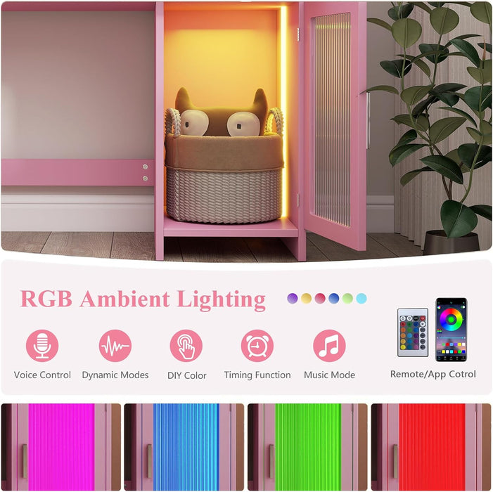 Vanity Desk with Mirror and Lights, Makeup Vanity with Transparent Top & RGB Drawers, Girls Vanity Table with Lighted Mirror for Bedroom Featuring 3 Modes & Outlet, Pink