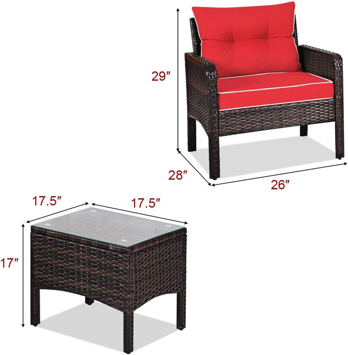 3 Piece Outdoor Patio Furniture Set, Wicker Chairs Set with Glass Top Coffee Table, Thick Cushions, All Weather Garden Lawn Poolside Backyard Porch Furniture Set for 2 (Red)