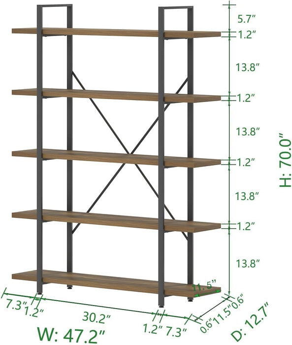 Industrial Reinforced Five Tier Bookshelf Rustic Oak