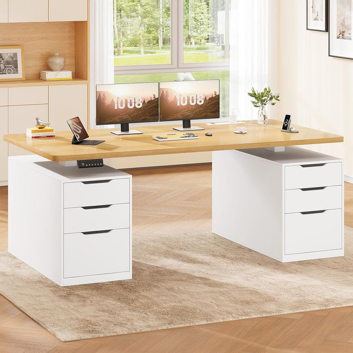 Electric Standing Desk with 6 Drawers, 55" Adjustable Stand up Desk with Storage, Computer Desks with Power Outlets for Home Office, White + Oak