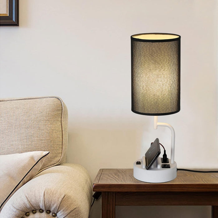 Table Lamp with 3 USB Charging Ports, Modern Desk Lamp with AC Outlet and Phone Stands, Perfect Bedside Lamp for Bedroom, Living Room, Office (Pack of 2), White&Black