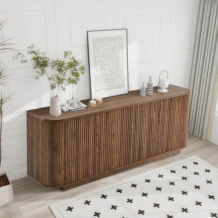 64" Buffet Sideboard Cabinet with Storage, Modern Fluted Accent Credenza with Adjustable Shelves, Wood Coffee Bar Console Table for Living Room Kitchen Dining Room Hallway, Walnut