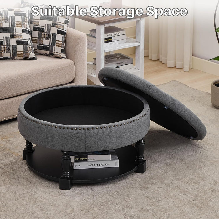 31.5" Large round Ottoman Coffee Table with Storage, Upholstered Button Tufted Linen Ottoman, Large Shelf Storage with Solid Wooden Legs for Living Room，Dark Gray
