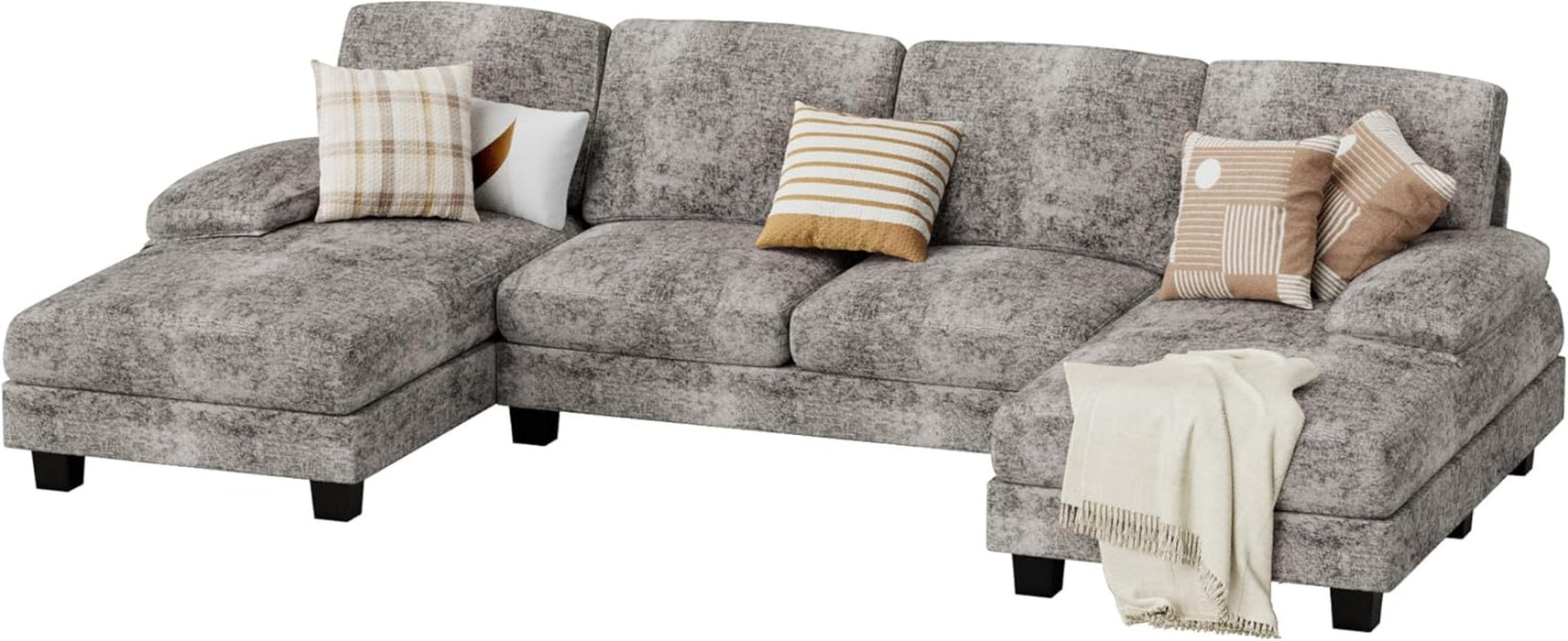 Sectional Couches for Living Room, U Shaped Couch with Chenille Fabric, 4 Seat Modern Sofa with Removable Pillows for Apartment and Small Space (Fabric, Grey)