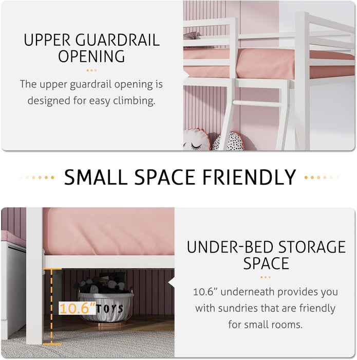 Loft Bunk Bed Twin over Twin Size with Ladder and Guardrail,Heavy Duty Metal Slats Support No Box Spring Needed Small Space Saving Furniture for Bedroom Dorm,White