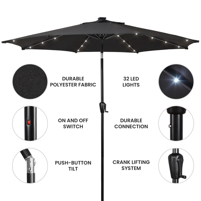 9 FT 32 LED Patio Solar Umbrella W/ Push Button Tilt and Crank Outdoor Umbrella Black