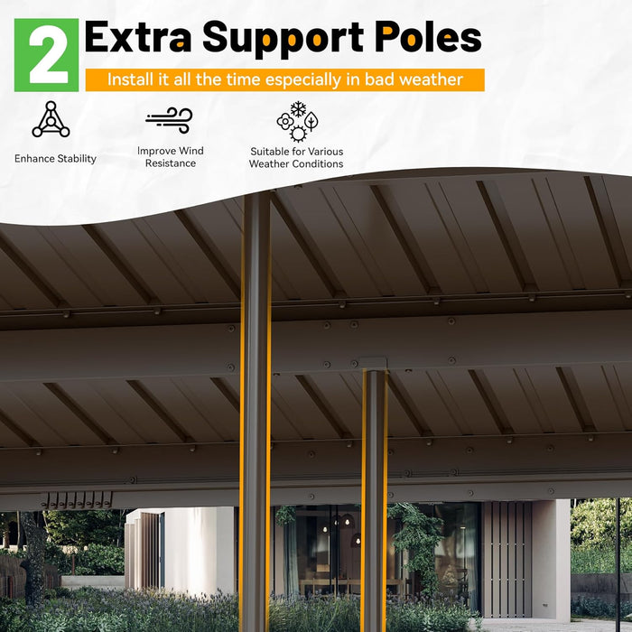 12X20Ft Lean to Gazebo, Outdoor Hardtop Wall Mounted Gazebo with Gutter & Sloping Galvanized Steel Roof, Metal Hard Top Awnings for Deck, Porch, Backyard -Brown