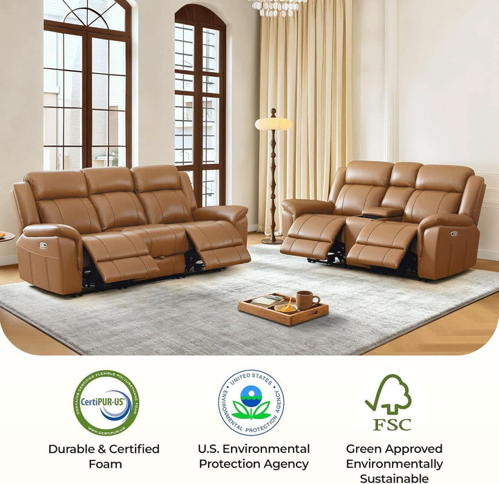 Genuine Leather Power Recliner Sofa, Wall Hugger Reclining Sofa with Drop down Table, Power Headrest, Drawers, Charging Ports, Reclining Sectional Couch for Living Room, RV, Saddle