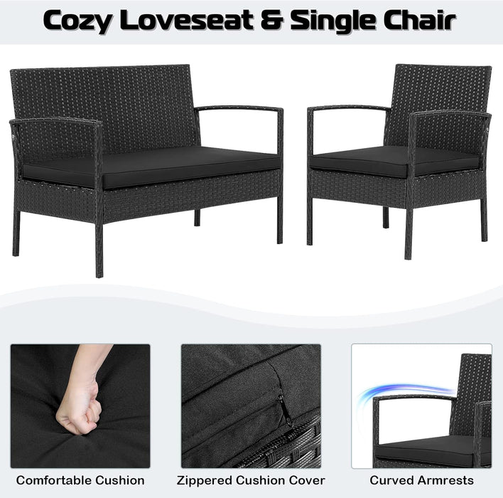 4 Piece Patio Rattan Conversation Set, Outdoor Wicker Furniture Set W/Glass Coffee Table, Solid Steel Structure, Ergonomic Seat, Suitable for Garden, Courtyard, Balcony, Poolside