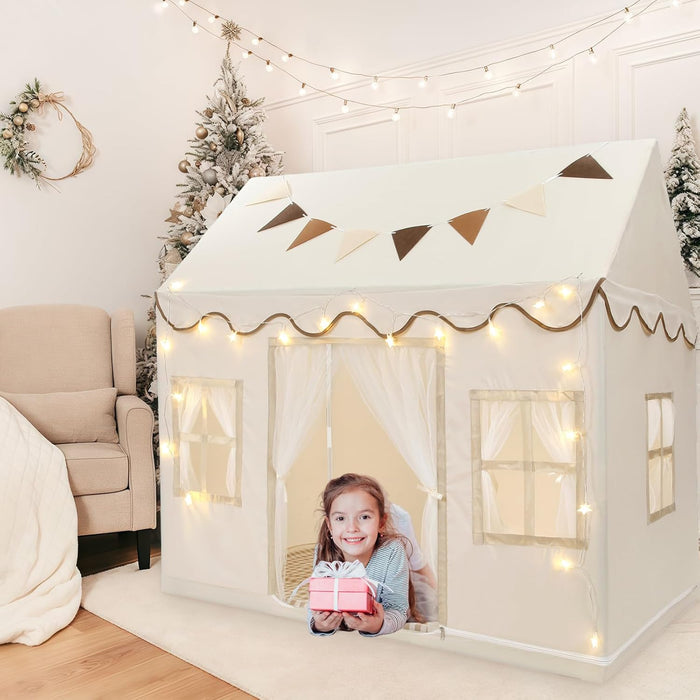 Kids Play Tent, Toddlers Large Playhouse with Mat, Star String, Flag, Machine Washable, Indoor and Outdoor Play Tent for Kids, Girls & Boy Aged 3+, 50" X 34" X 51", Cream