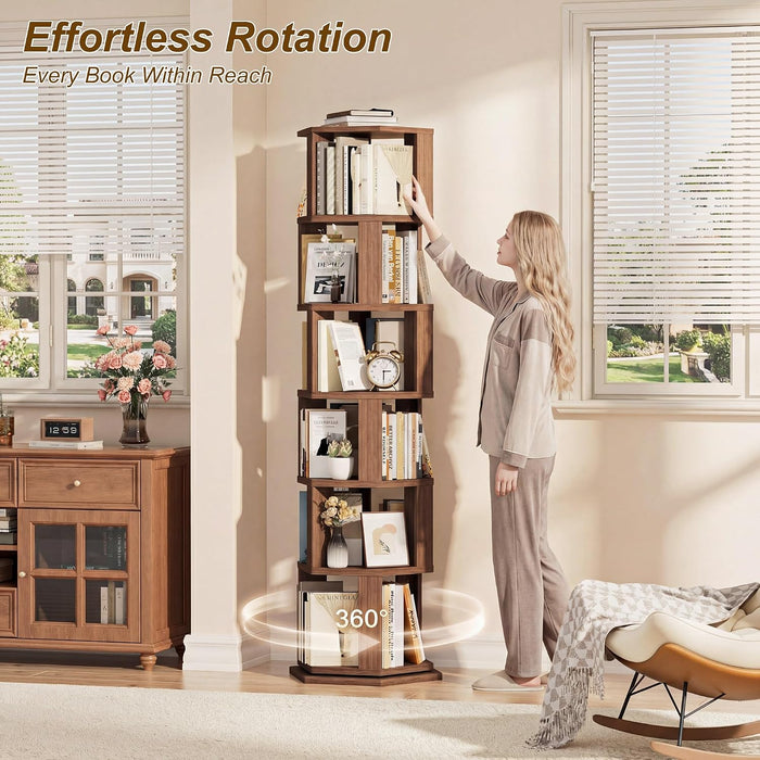 Rotating Bookshelf Tower, 6 Tier Solid Wood Spinning Rolling Book Shelf | Narrow Revolving Bookcase, Vertical Bookshelves for Corner Small Spaces, Bedroom, Living Room, Walnut