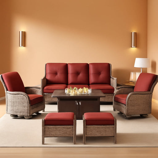 8 Piece Patio Furniture Set with 50000 BTU Propane Fire Pit Table, Outdoor Conversation Set with 2 Swivel Rocker Chairs Wicker Sofa and Ottomans for Casual Gatherings Red Cushion