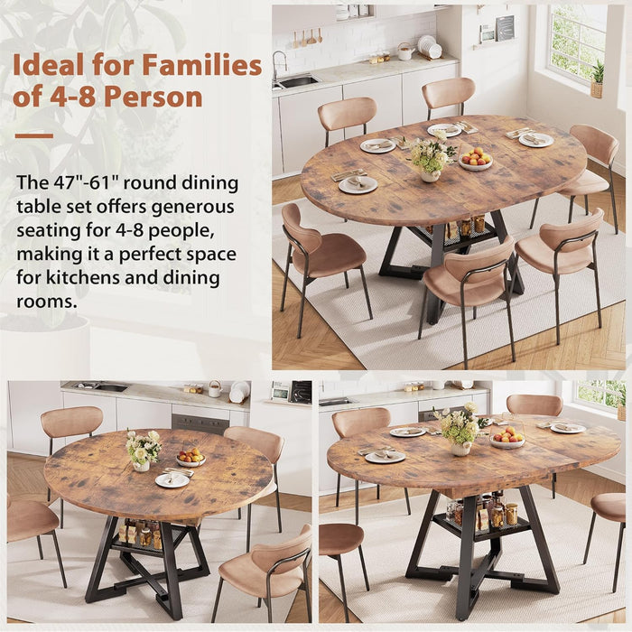 61'' Extendable Dining Table for 4 6 8, round Dining Room Table with Removable Leaf & Storage Shelf, Expandable Oval Kitchen Table with Pedestal Base, Modern Industrial Space Saving（Vintage）