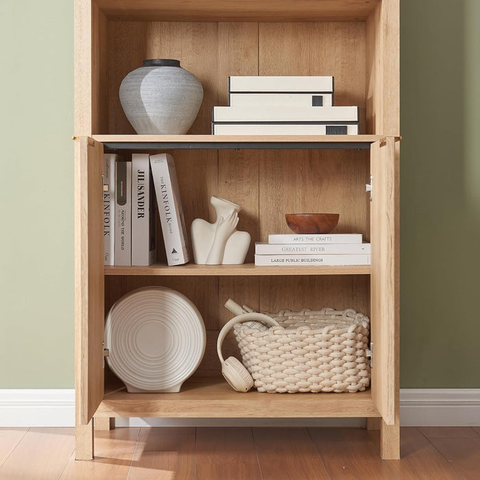 Arched Cabinet Bookshelf Bookcase - 71” Tall Mid Century Arched Display Cabinets, Rounded Bookshelf with Fluted Doors, Open Shelf Storage Cabinet for Dining Room (Natural)