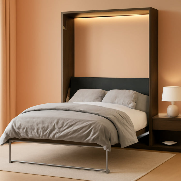 Modern Queen Size Murphy Bed, Hidden Foldable Wall Cabinet Bed Frame with Wood Slat, Space-Saving, No Spring Box Required, Brown