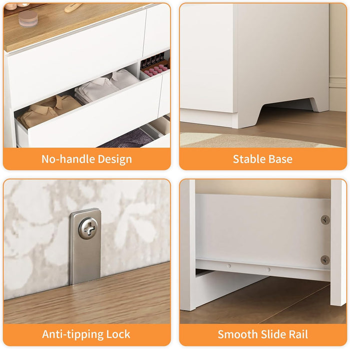 White FortySevenInch SixDrawerStorage DresserWoodTop