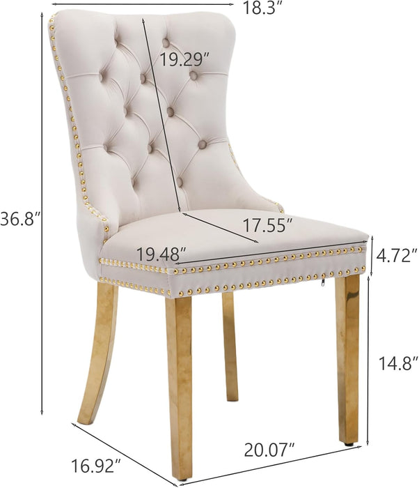 Velvet Dining Chair Set of 2, Upholstered Tufted Dining Room Chair with Nailhead Trim and Stainless Steel Gold Leg for Kitchen, Beige