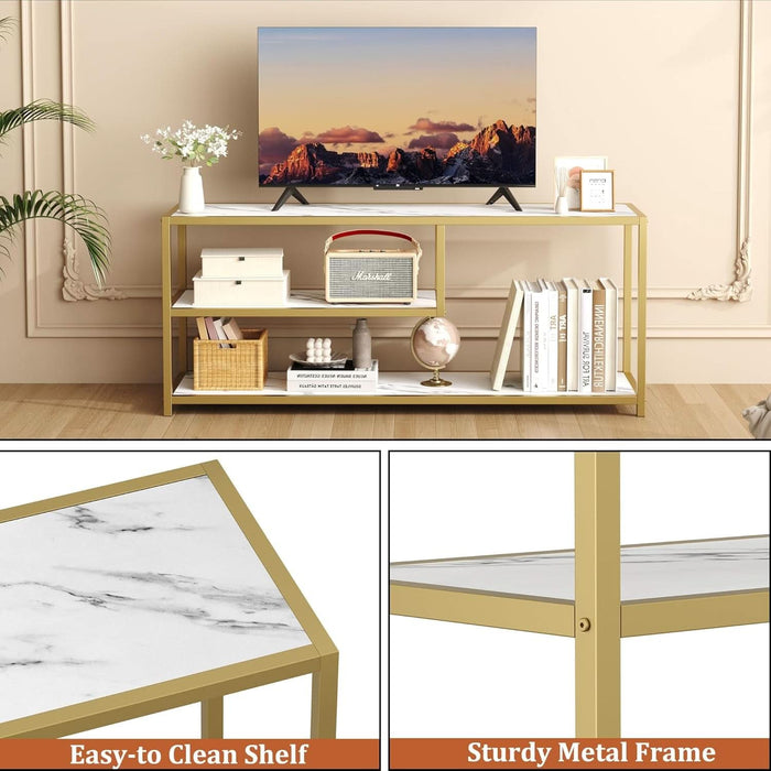 TV Stand for Tvs up to 55 Inch, 3 Tier Entertainment Center, Media Console with Open Storage Shelves for Living Room Bedroom, 47” Modern TV Table with Faux Marble Top Gold Metal Leg