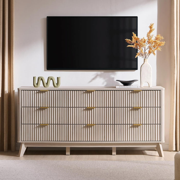 63" Wide Fluted 9 Drawer Dresser for Bedroom, White Alder
