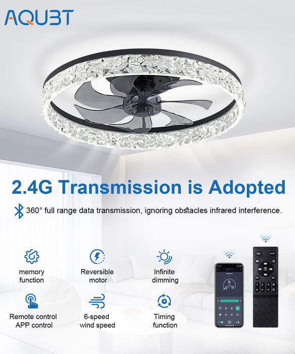 Ceiling Fans with Lights and Remote, 20"Low Profile Ceiling Fan with Light, 3000-6500K Smart Bladeless LED Fan Light, Ceiling Fans with Light for Stepless Color Temperature Change and 6 Speeds - Black