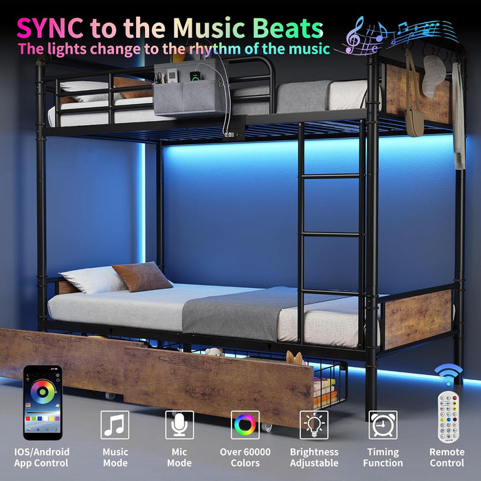 Metal LED Bunk Bed Twin over Twin with 2 Storage Drawers, USB Charging Station, Industrial Bunkbeds Heavy Duty Bed with Safety Guardrail and Ladder, No Box Spring Needed, Vintage Brown