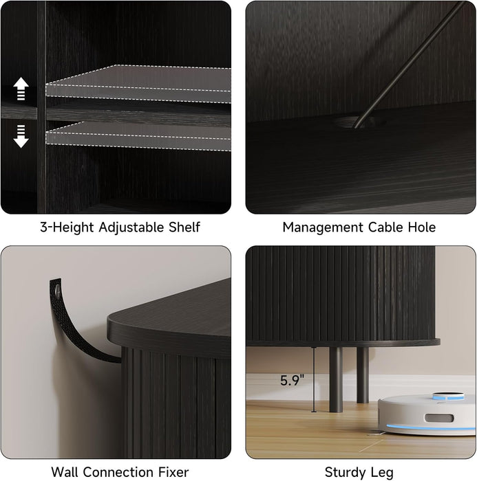 55" TV Stand with Storage for Tvs up to 60", Fluted Entertainment Center with Power Outlet, Modern Media Console with Sliding Door, Adjustable Shelves, TV Stands for Living Room, Black