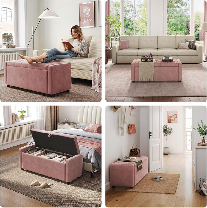 50 Inches Wide Storage Ottoman Bench, Upholstered Foot Rest Stool, Long Bench Footstool, Couch Ottoman, Ottomans for Living Room, Entryway, End of Bed Storage Bench for Bedroom (Pink)