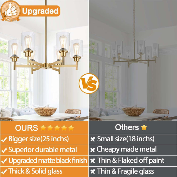 Brushed Gold Chandeliers, 6 Light Farmhouse Chandelier for Dining Room Light Fixtures over Table, Hanging Light Fixture with Clear Glass Shade for Kitchen Island Living Room Bedroom