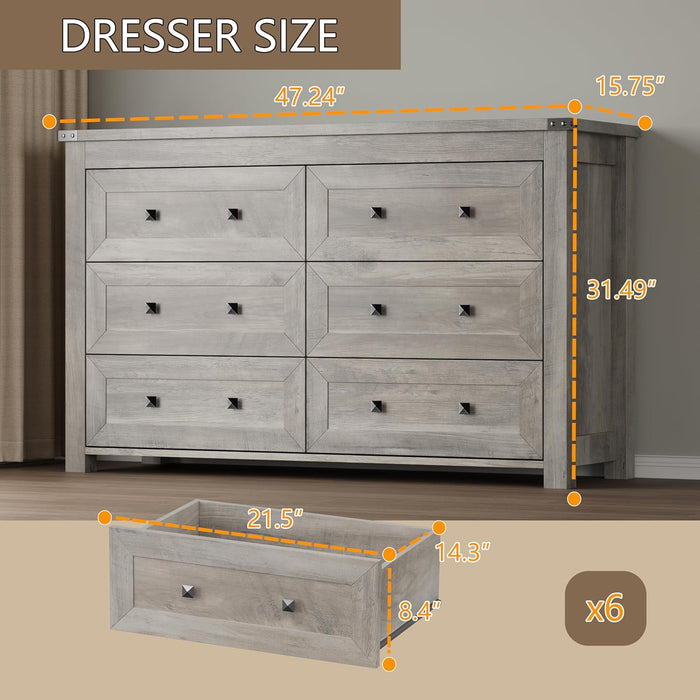 Six-Drawer Dresser With Metal Handles Storage Unit