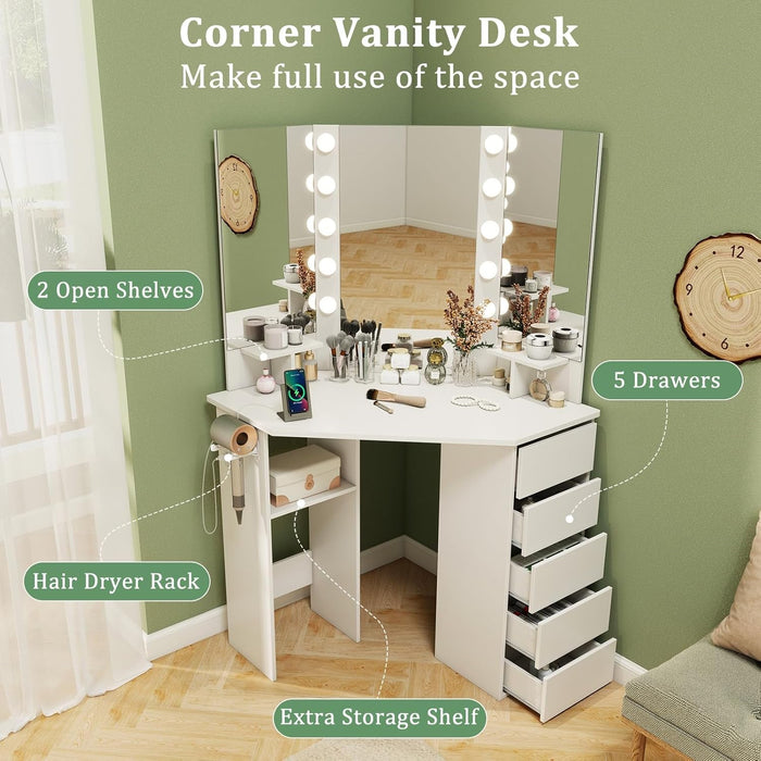 Corner Vanity Desk with Mirror and Lights, White Makeup Vanity Table with 5 Drawers, Storage Shelves, Charging Station, 3 Lighting Modes, Compact Vanity Dressing Table for Small Space