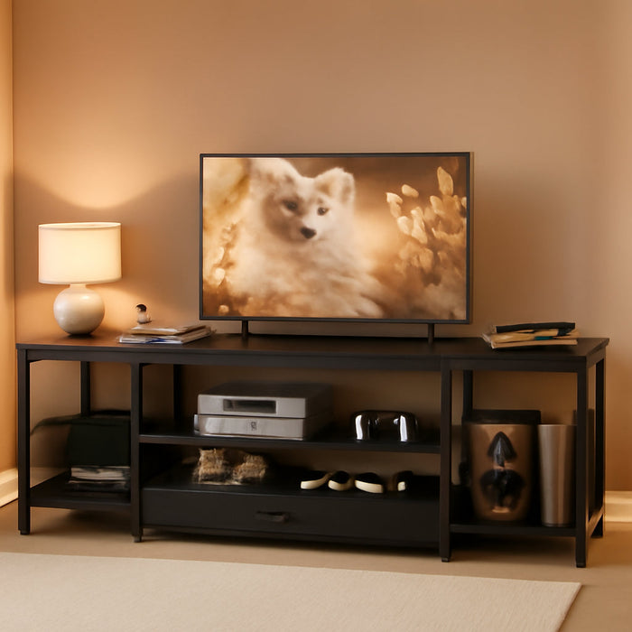 TV Stand with Drawers and Open Storage Shelves for 65 60 55 Inch TV, Entertainment Center with Open Storage Shelves, Industrial Media TV Console Table for Living Room Bedroom Office, Black